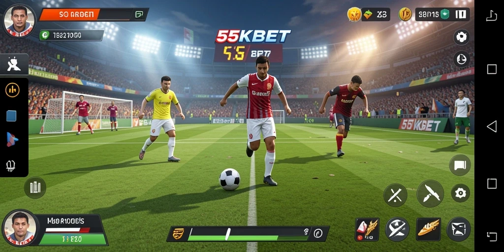 Screenshot 55KBET menampilkan gameplay seru dalam dunia sepak bola.