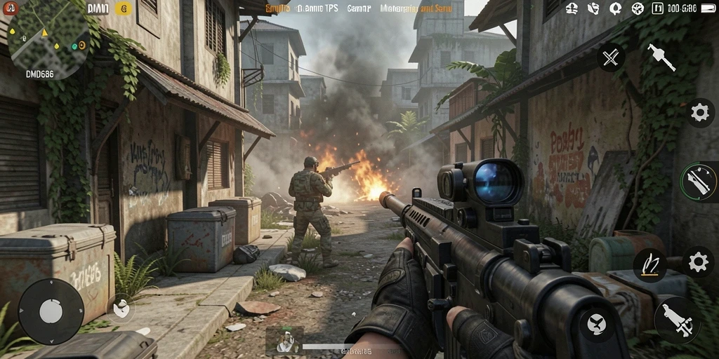 Tampilan gameplay intens dari DMD686 dengan aksi tembak-menembak yang seru.