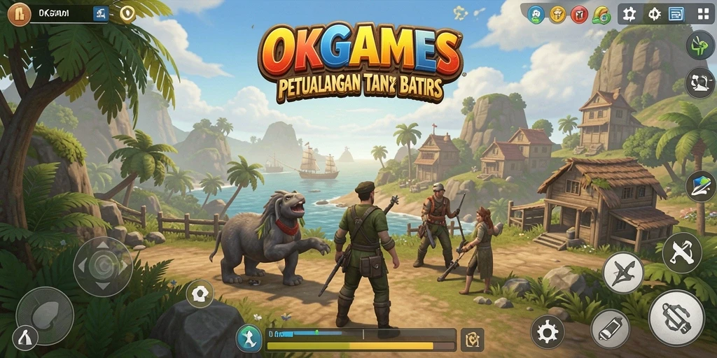 Screenshot utama OKGAMES menampilkan aksi petualangan dalam dunia terbuka.