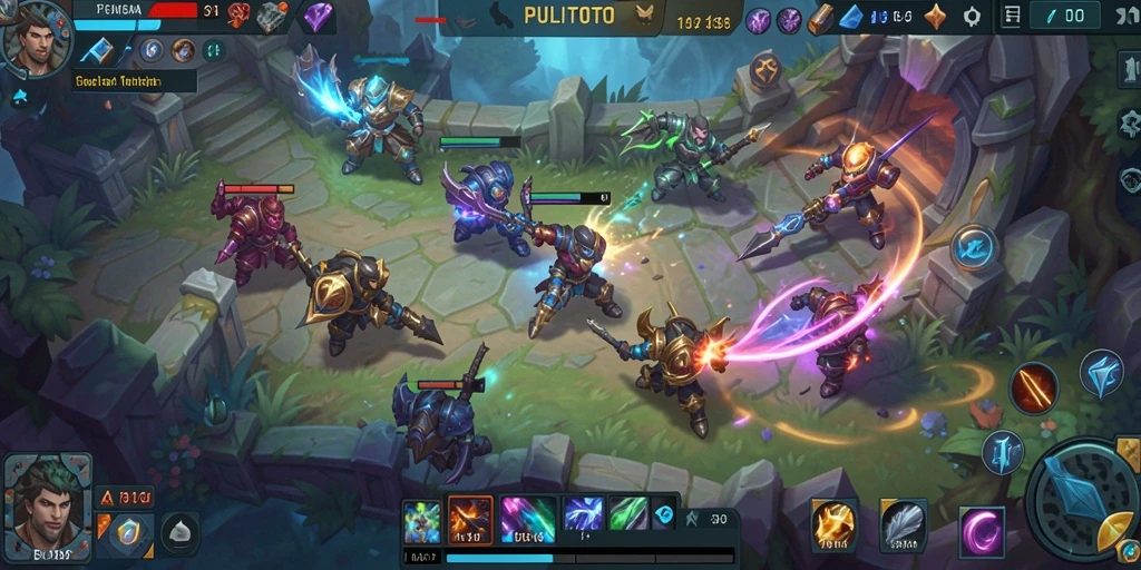Tangkapan layar PULITOTO menampilkan aksi seru dalam pertarungan tim MOBA.