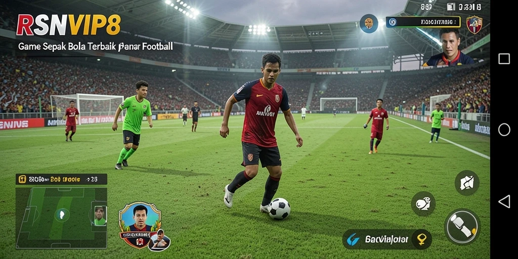Screenshot gameplay RSNVIP8 menampilkan aksi seru di lapangan sepak bola.